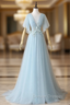 Blue Tulle See Through Neck Appliques Pleats prom Dress