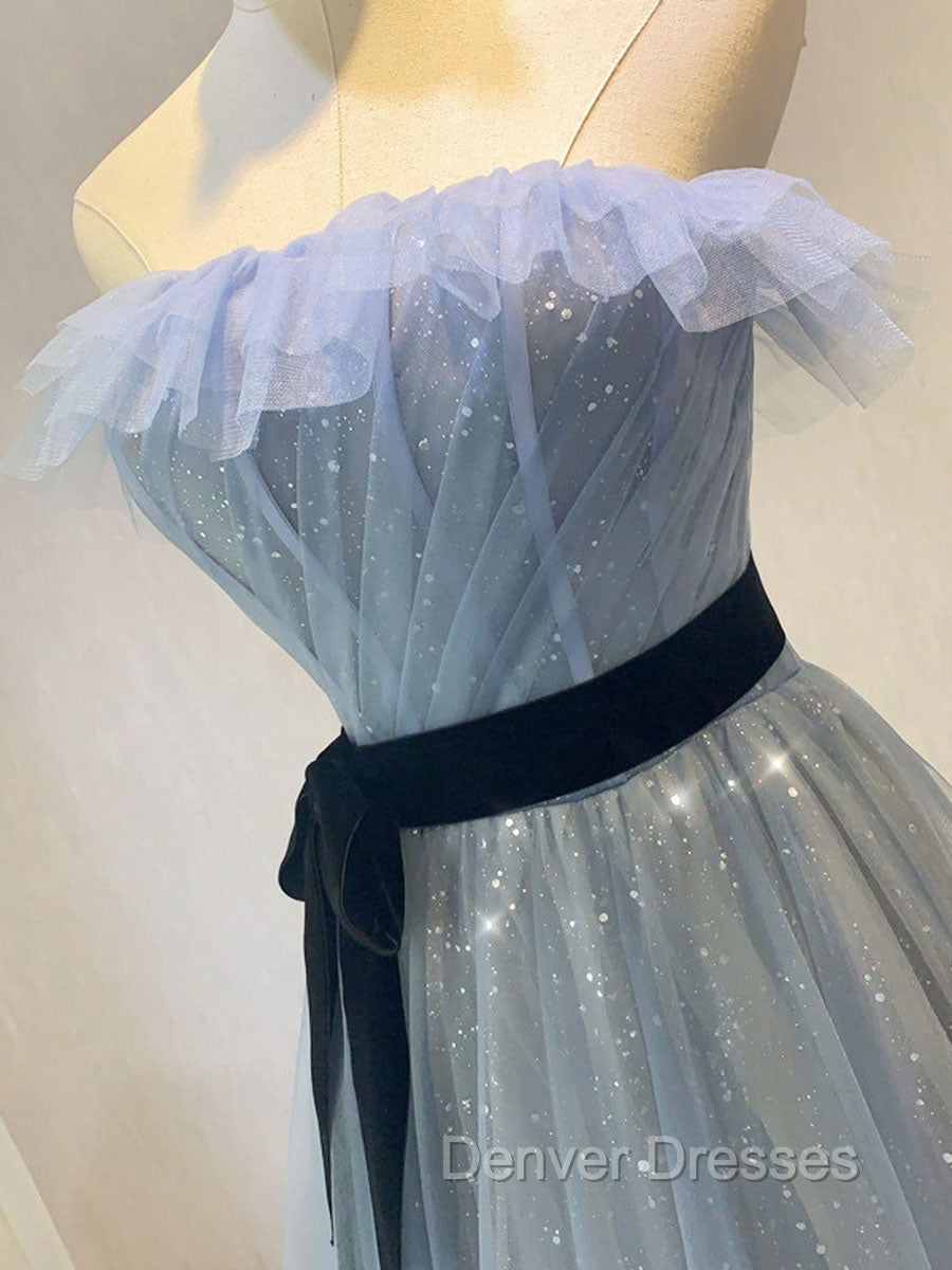 Blue Tulle Sequin Long Prom Dress A Line Tulle Blue Formal Dress