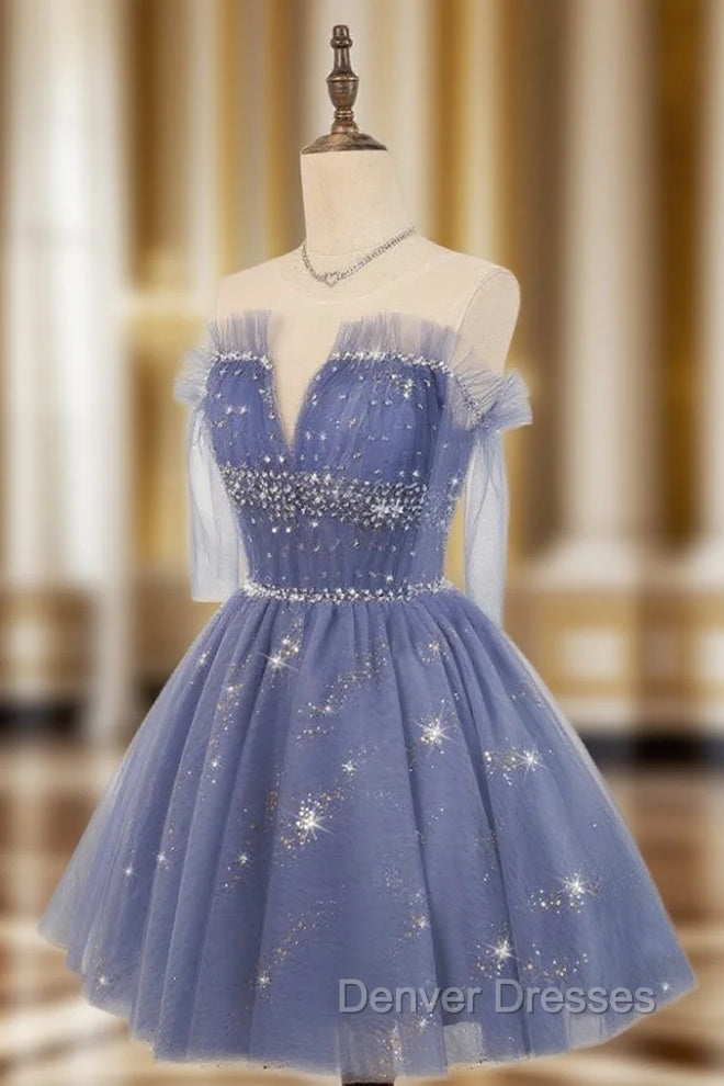 Blue Tulle Sequin Short Prom Dress, Puffy Blue Homecoming Dress Main image