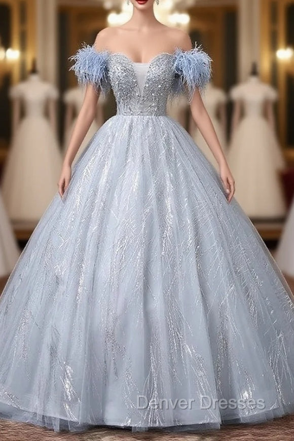Blue Tulle Sequins Beading Feather Quinceanera Dress