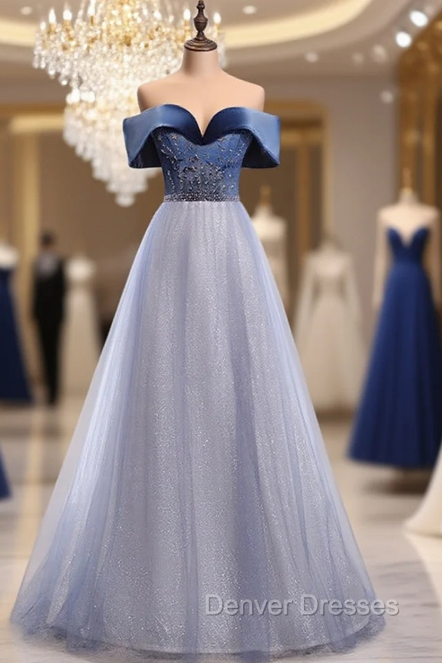 Blue Tulle Sequins Beading Off the Shoulder Prom Dress Main image