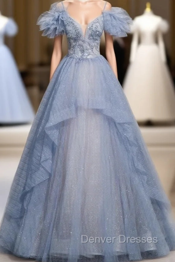 Blue Tulle Sequins Beading Spaghetti Straps Prom Dress Main image