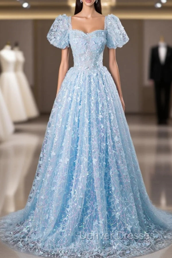 Blue Tulle Sequins Butterfly Short Sleeve Prom Dress