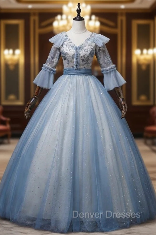 Blue Tulle Sequins Embroidery Short Sleeve Quinceanera Dress