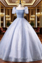 Blue Tulle Sequins Floor Length Prom Dress, Elegant Short Sleeve Evening Party Dress