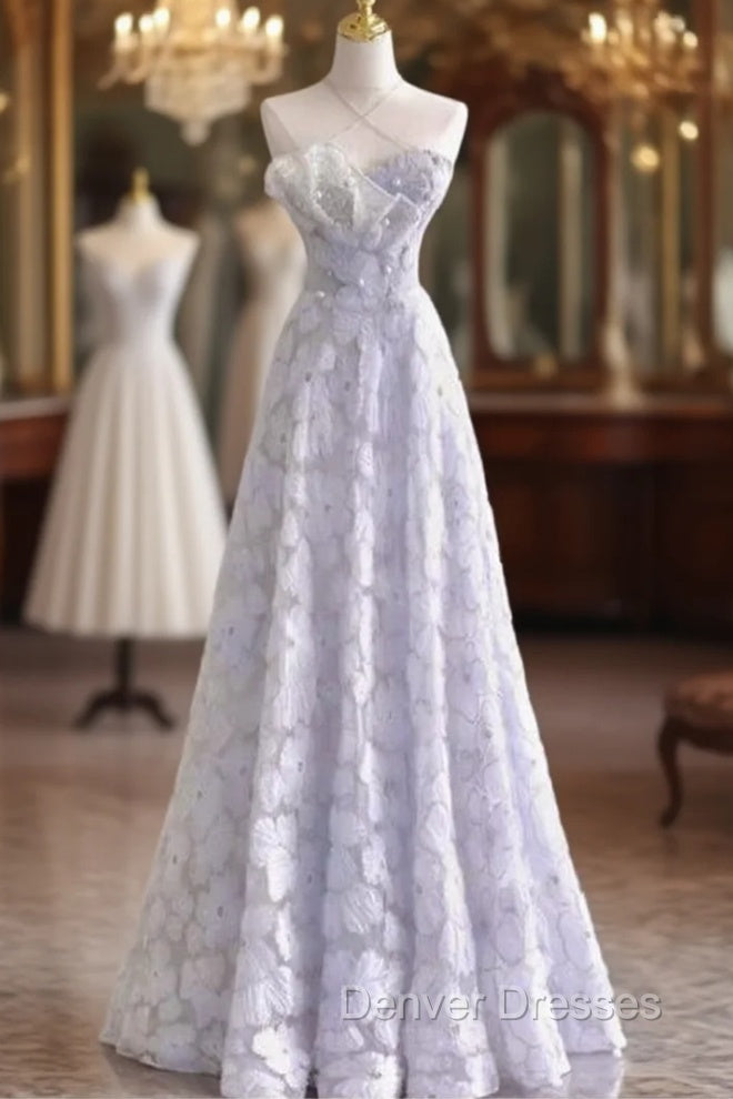 Blue Tulle Sequins Flower Prom Dress