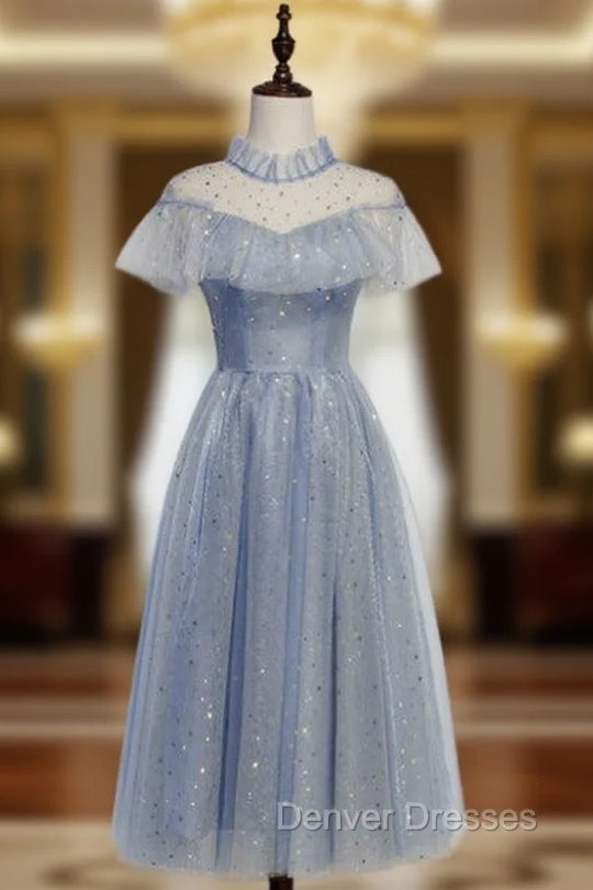 Blue Tulle Sequins High Neck Cap Sleeve Tea Length Prom Dress Main image