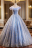 Blue Tulle Sequins Long A-Line Prom Dress with Feather, Off the Shoulder Evening Party Dress