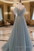 Blue Tulle Sequins Long Prom Dress, A-Line Scoop Neckline Party Dress