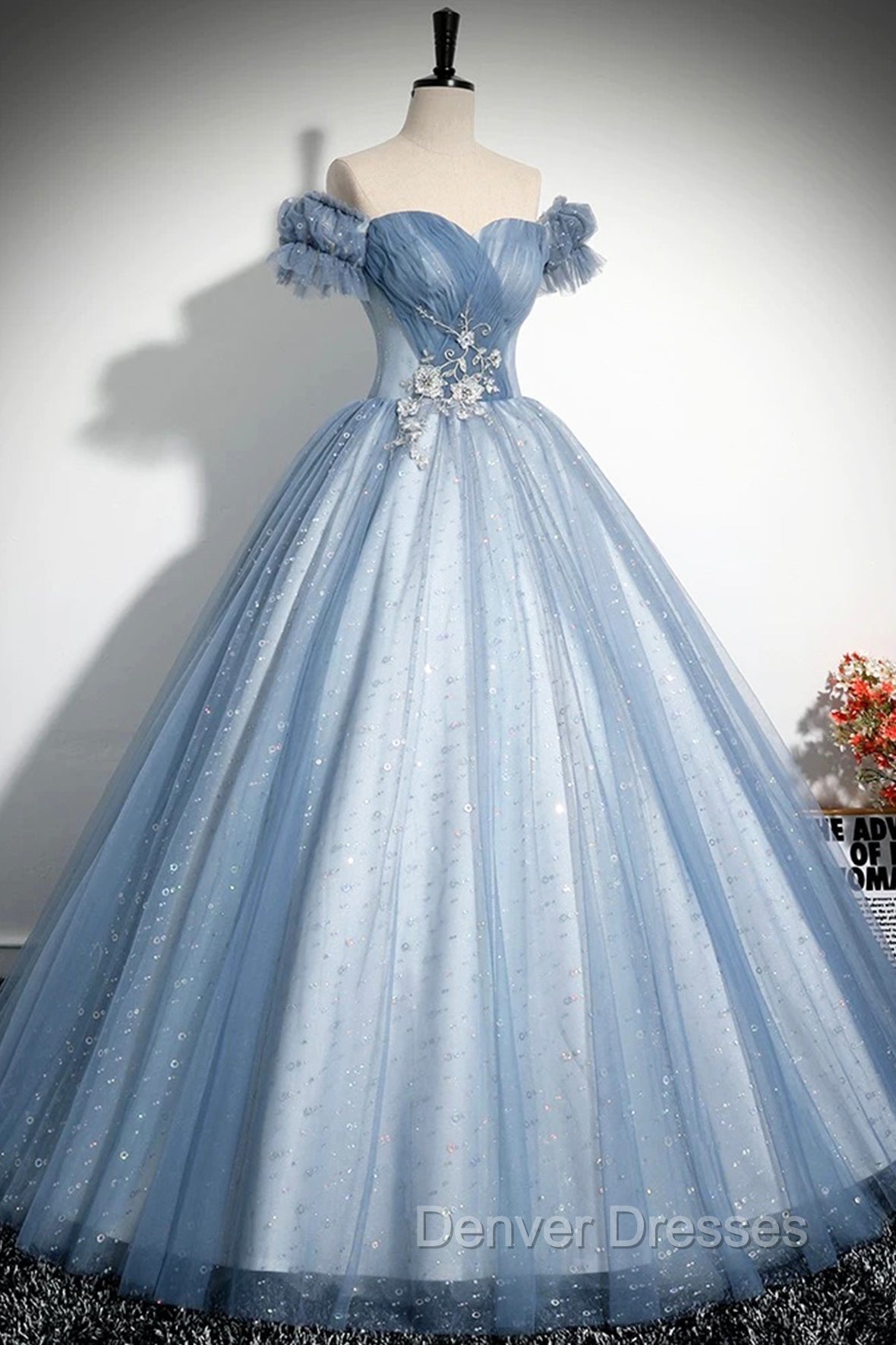 Blue Tulle Sequins Long Prom Dress, Beautiful A-Line Evening Party Dress Secondary image