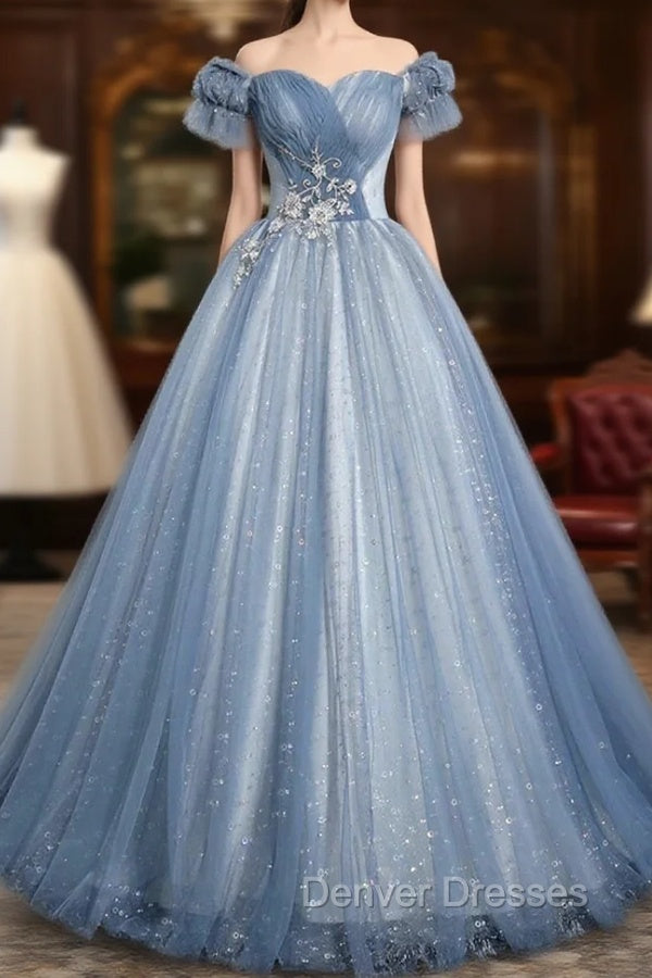 Blue Tulle Sequins Long Prom Dress, Beautiful A-Line Evening Party Dress Main image