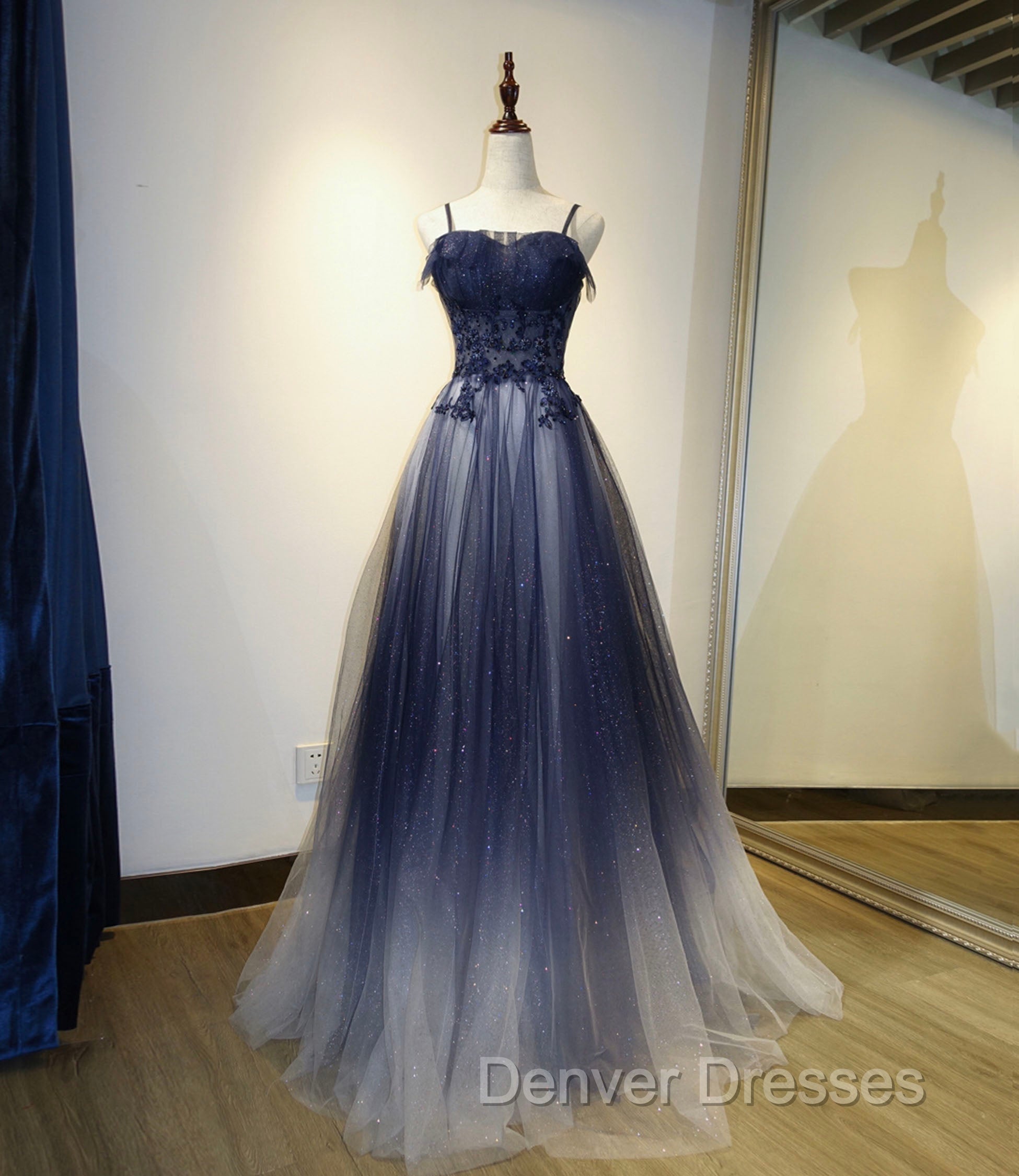 Blue tulle sequins long prom dress blue evening dress
