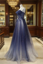 Blue tulle sequins long prom dress blue evening dress
