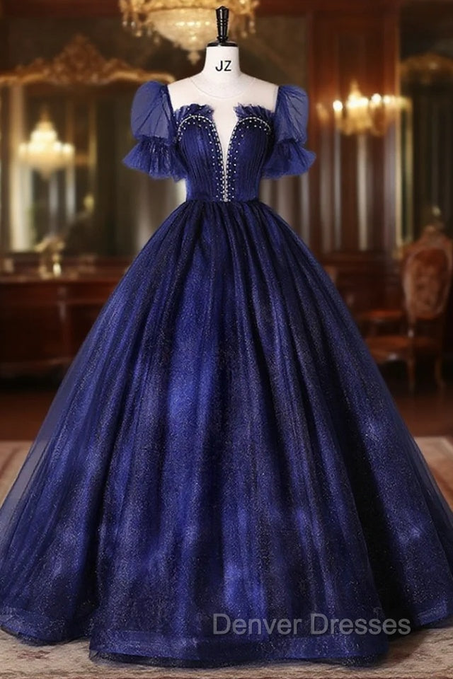Blue Tulle Sequins Long Prom Dress Blue Evening Gown Main image