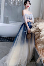 Blue Tulle Sequins Long Prom Dresses, A-Line Off The Shoulder Party Dresses