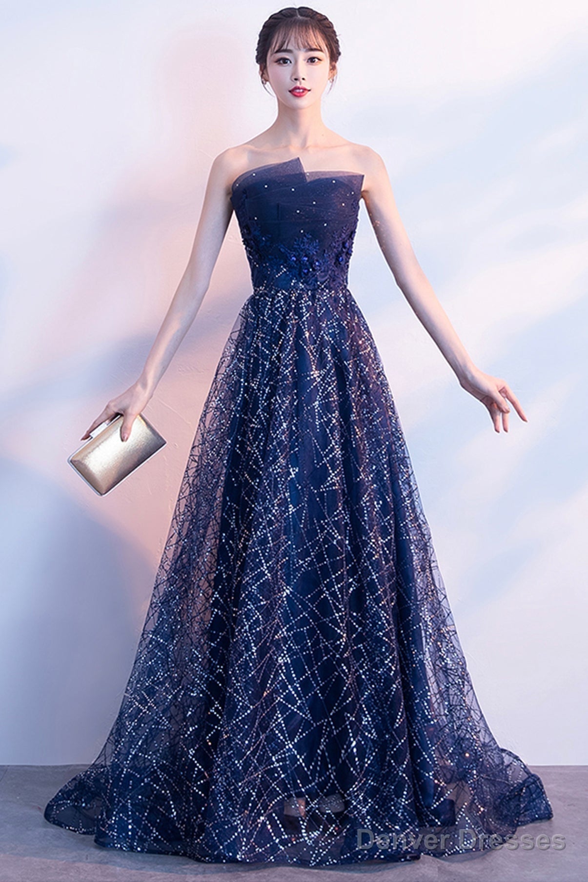 Blue Tulle Sequins Long Prom Dresses, A-Line Strapless Evening Dresses Secondary image