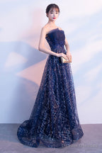 Blue Tulle Sequins Long Prom Dresses, A-Line Strapless Evening Dresses