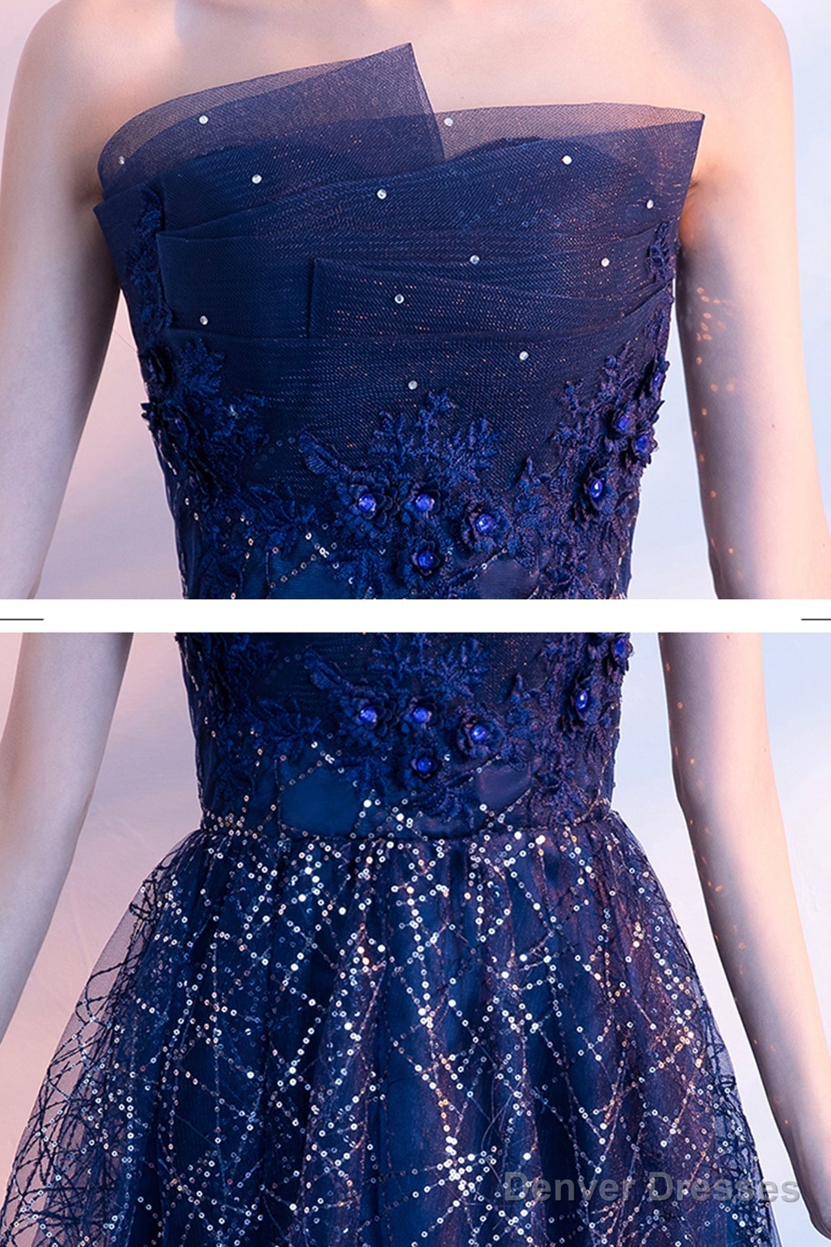 Blue Tulle Sequins Long Prom Dresses, A-Line Strapless Evening Dresses