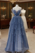 Blue Tulle Sequins Long Prom Gown, Blue Spaghetti Straps Formal Evening Dress