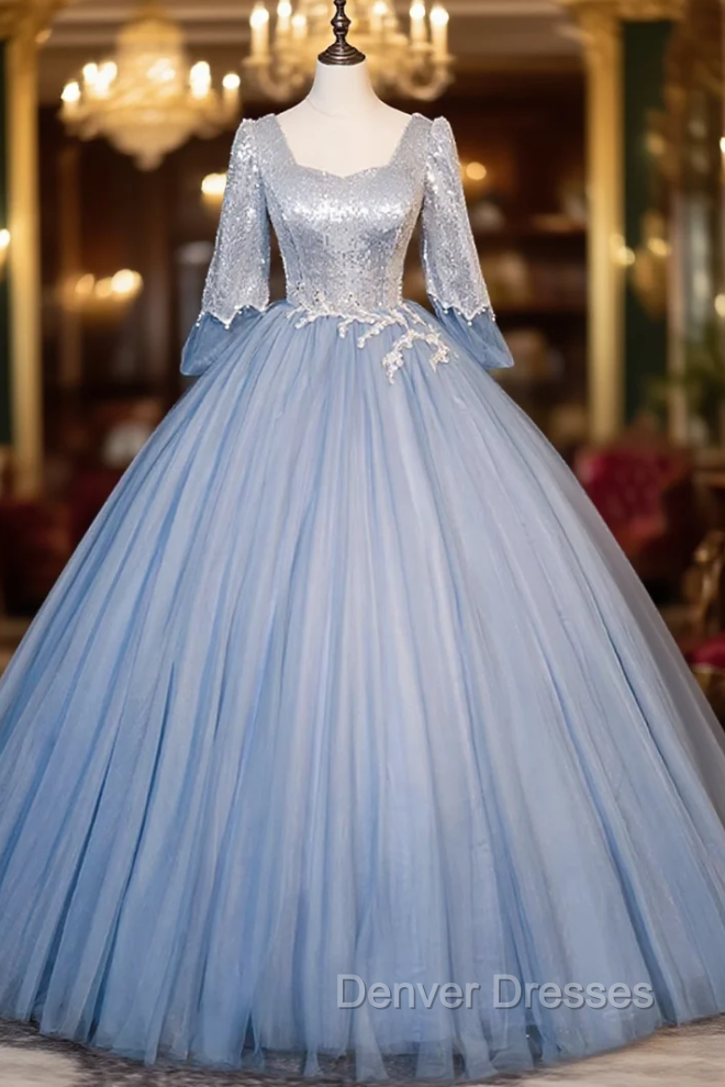 Blue Tulle Sequins Long Sleeve Quinceanera Dress