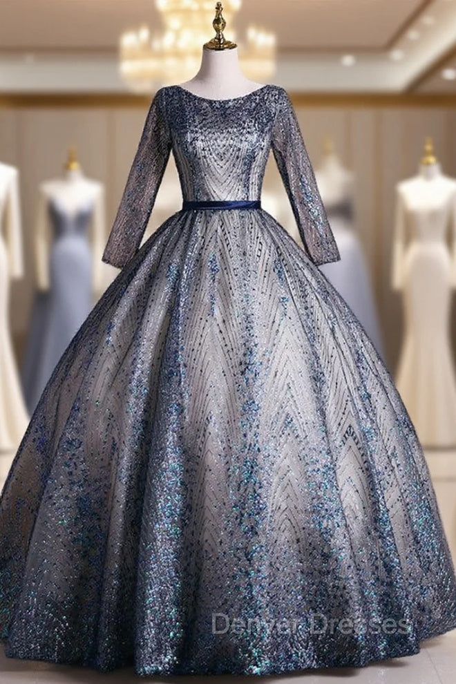 Blue Tulle Sequins Long Sleeve Quinceanera Dress Main image