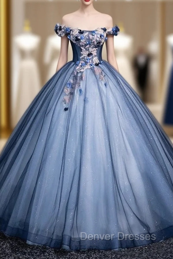 Blue Tulle Sequins Off the Shoulder Appliques Ball Gown Quinceanera Dress Main image