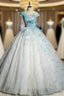 Blue Tulle Sequins Off the Shoulder Appliques Quinceanera Dress