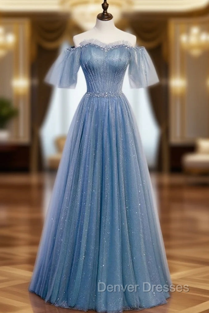 Blue Tulle Sequins Off the Shoulder Beading Pleats Prom Dress Main image