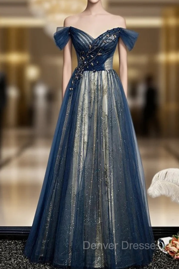 Blue Tulle Sequins Off the Shoulder Beading Prom Dress