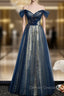 Blue Tulle Sequins Off the Shoulder Beading Prom Dress