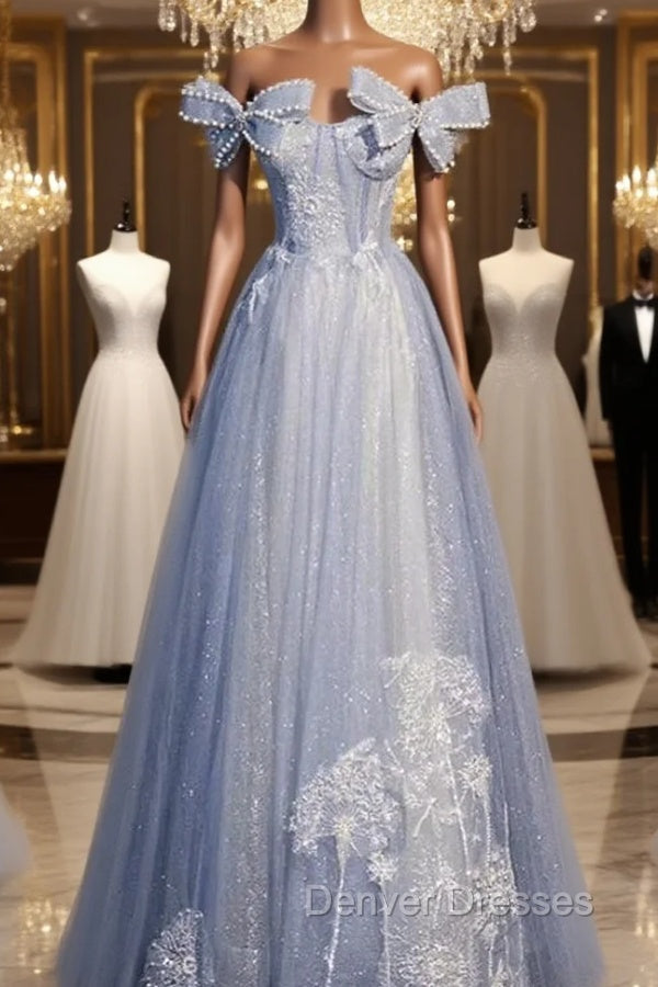 Blue Tulle Sequins Off the Shoulder Bow Pearls Prom Dress