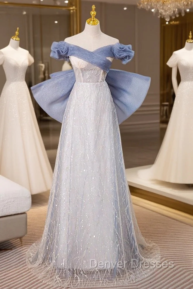 Blue Tulle Sequins Off the Shoulder Bow Prom Dress