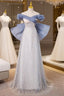 Blue Tulle Sequins Off the Shoulder Bow Prom Dress