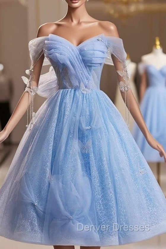 Blue Tulle Sequins Off the Shoulder Butterfly Homecoming Dress
