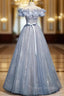 Blue Tulle Sequins Off the Shoulder Flower Beading Prom Dress