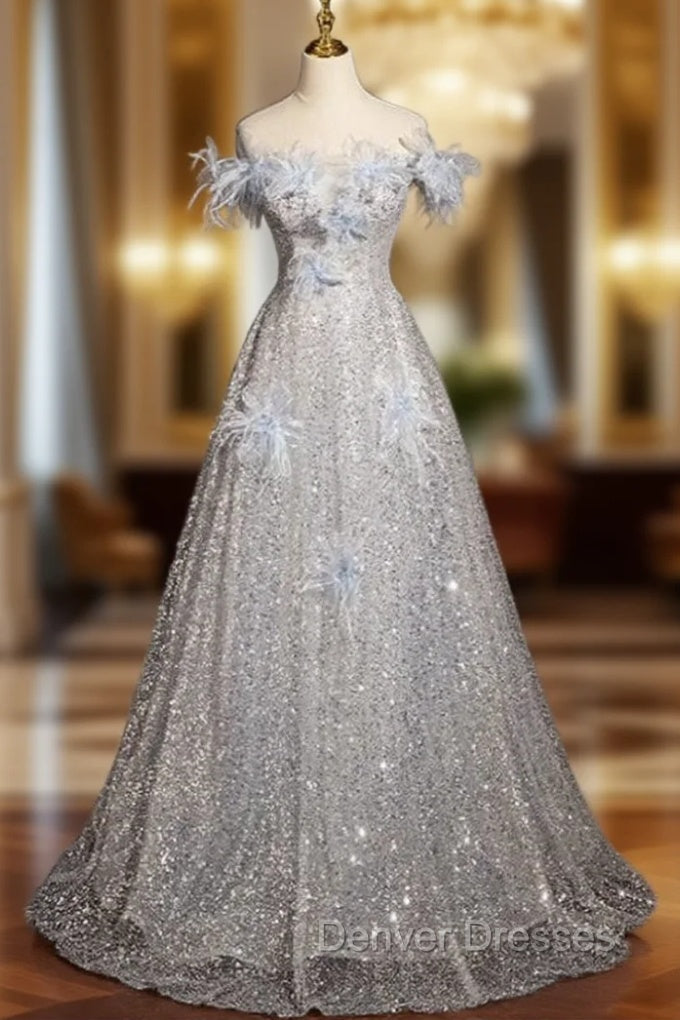 Blue Tulle Sequins Off the Shoulder Flower Prom Dress