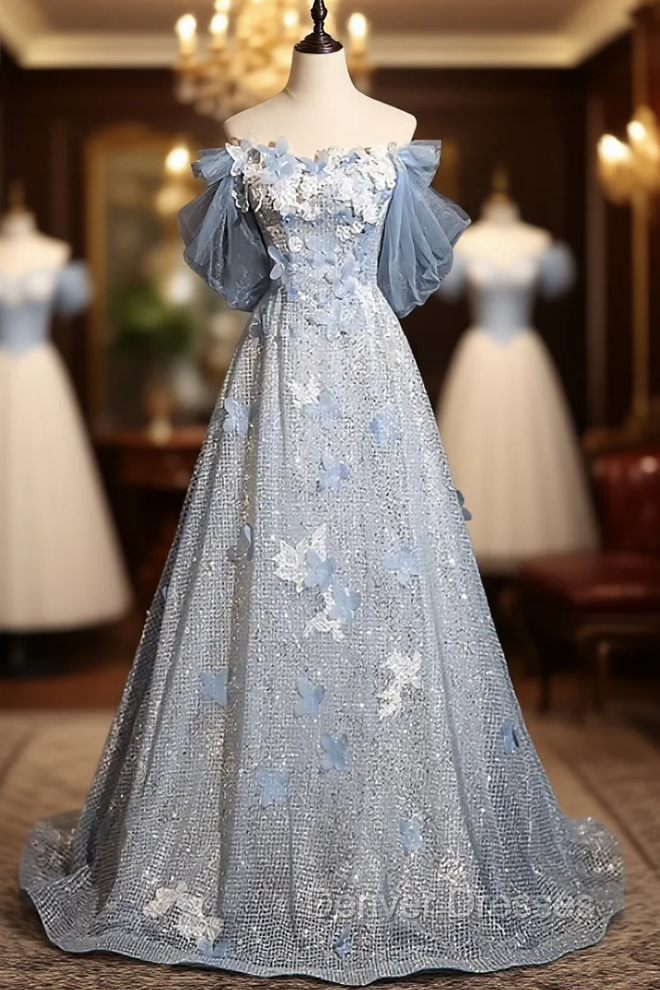 Blue Tulle Sequins Off the Shoulder Lace Flower Prom Dress Main image