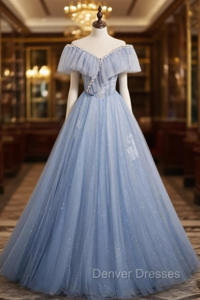 Blue Tulle Sequins Off the Shoulder Pearls Prom Dress