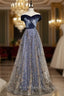 Blue Tulle Sequins Off the Shoulder Prom Dress