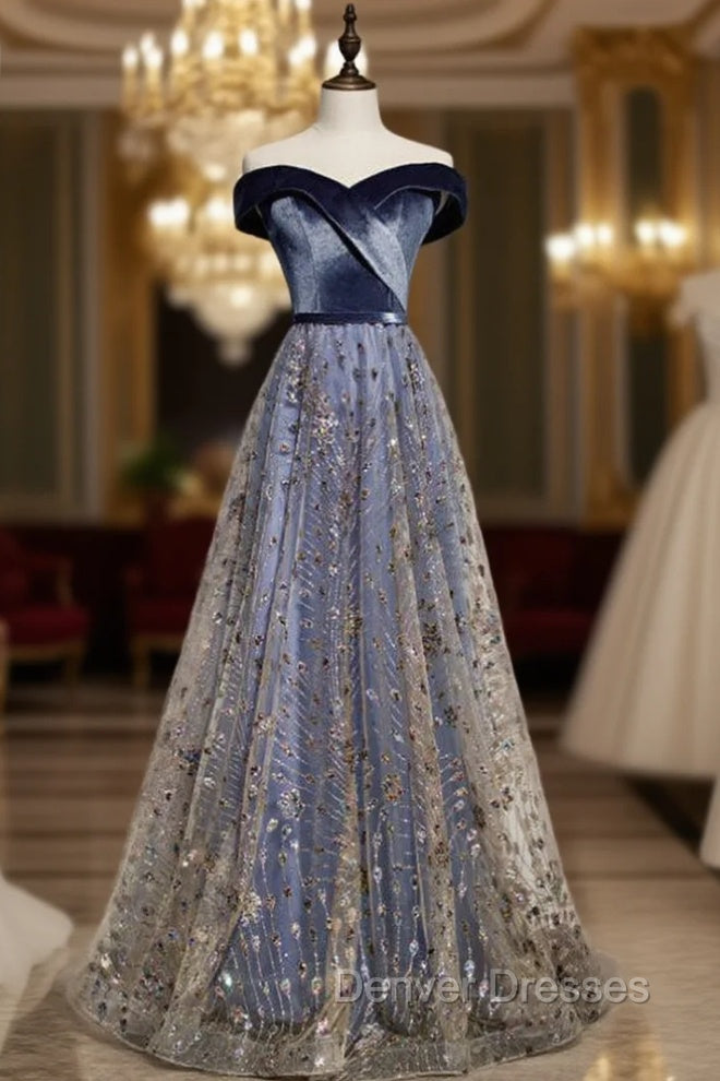 Blue Tulle Sequins Off the Shoulder Prom Dress Main image