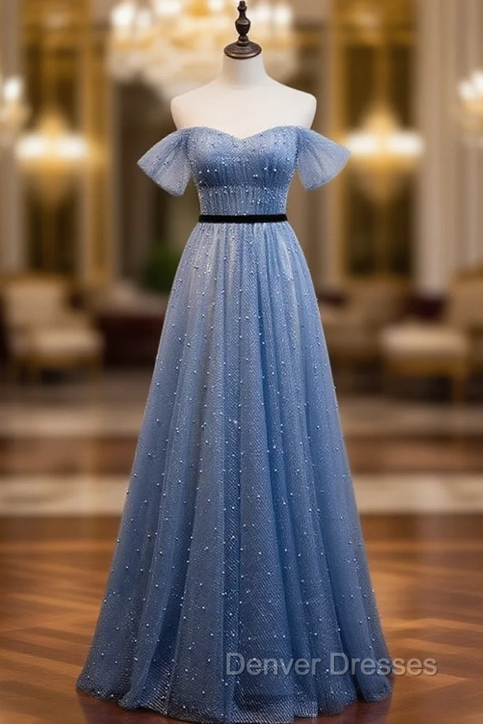 Blue Tulle Sequins Pearls Pleats Prom Dress Main image