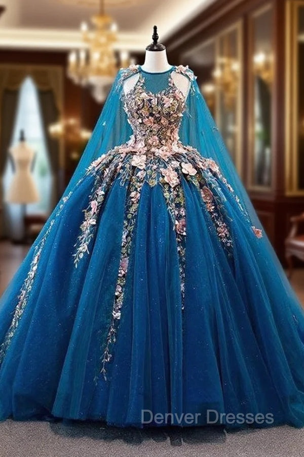 Blue Tulle Sequins Pink 3D Appliques Prom Dress