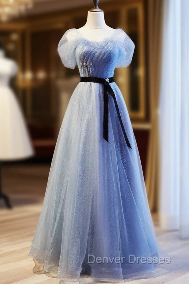 Blue Tulle Sequins Pleats Beading Prom Dress With Belt Main image