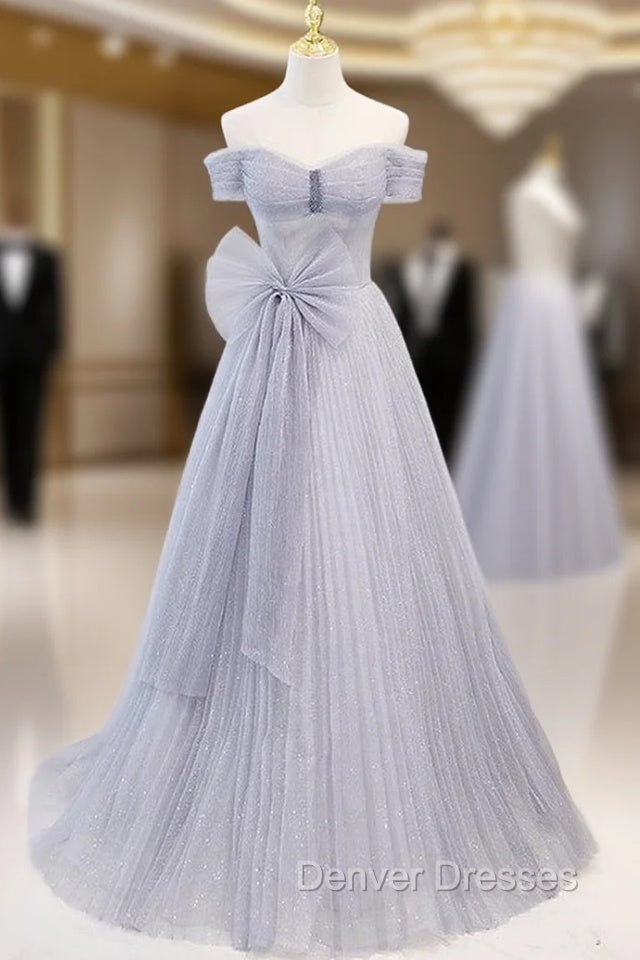 Blue Tulle Sequins Pleats Bow Prom Dress