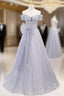 Blue Tulle Sequins Pleats Bow Prom Dress