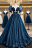 Blue Tulle Sequins Pleats Puff Sleeve Prom Dress