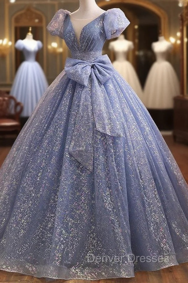 Blue Tulle Sequins Pleats Quinceanera Dress With Bow Main image