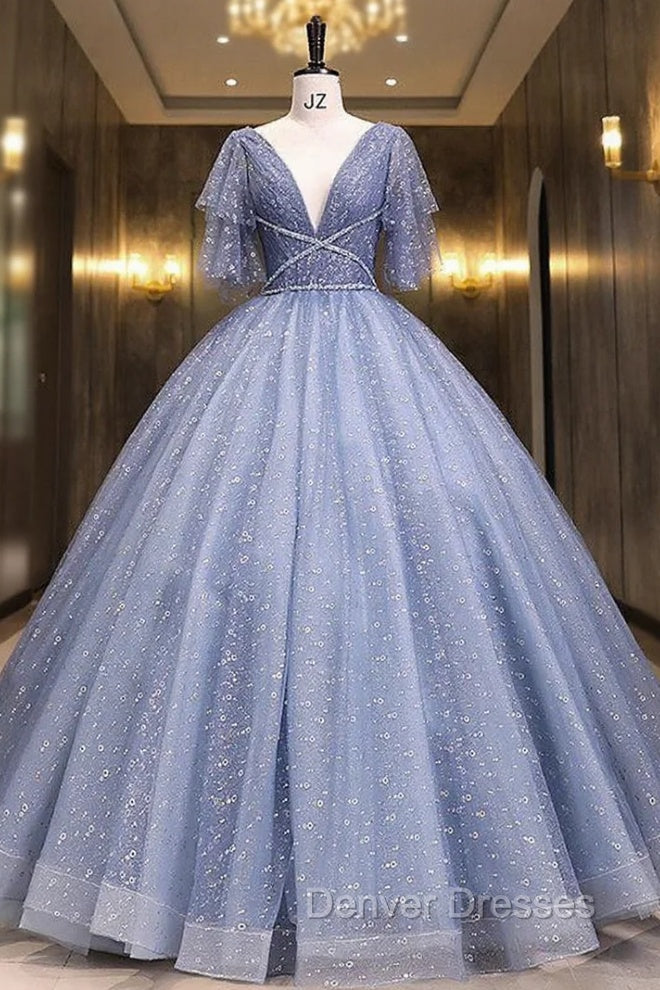 Blue Tulle Sequins Pleats V-neck Quinceanera Dress