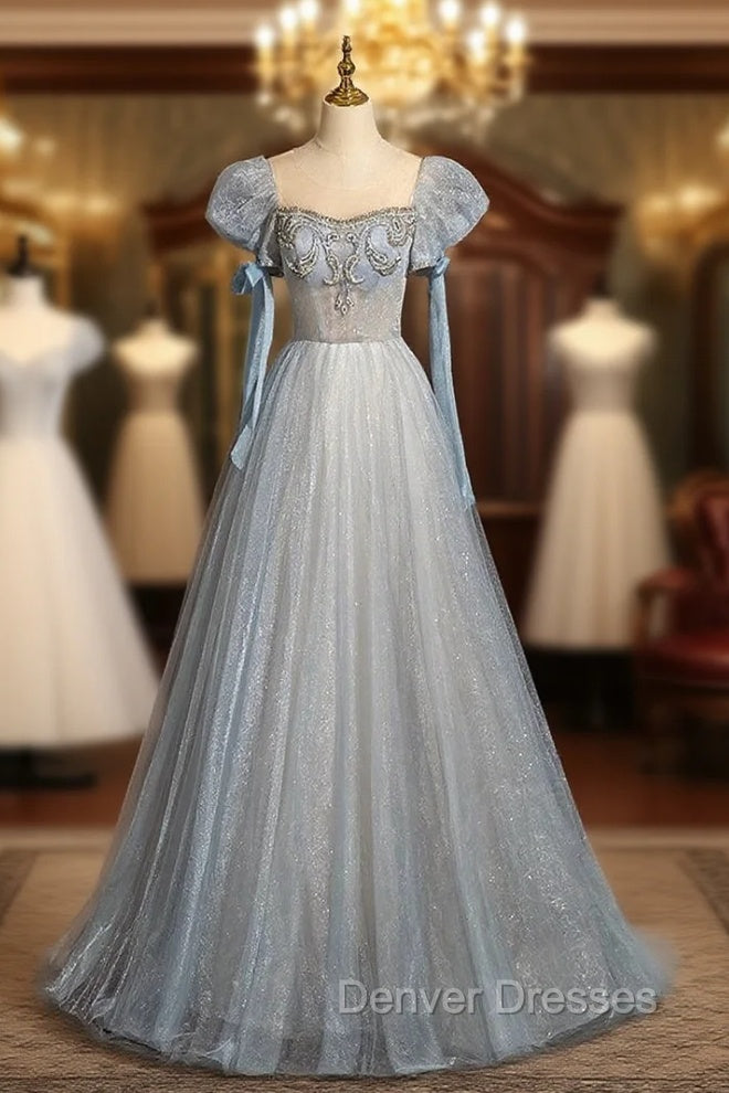 Blue Tulle Sequins Puff Sleeve Beading Prom Dress