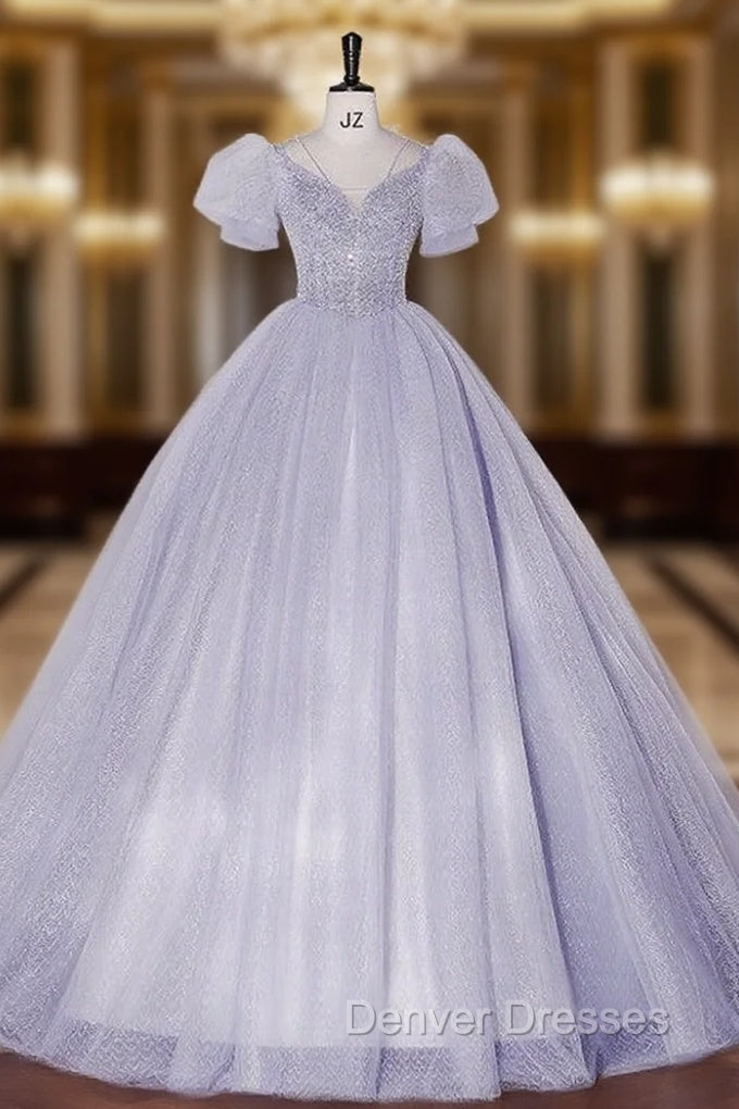 Blue Tulle Sequins Puff Sleeve Quinceanera Dress
